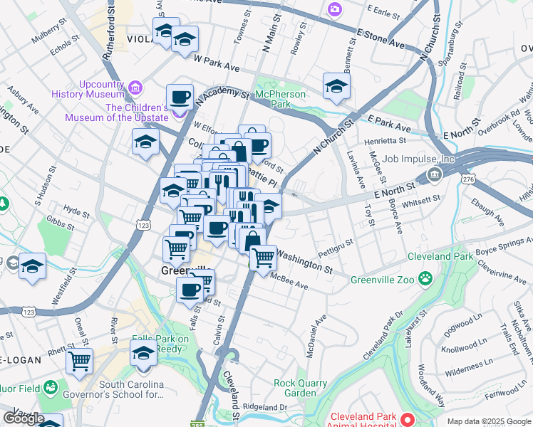 map of restaurants, bars, coffee shops, grocery stores, and more near 308 East North Street in Greenville