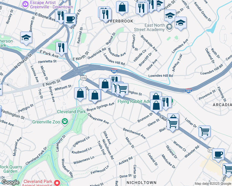 map of restaurants, bars, coffee shops, grocery stores, and more near 111 Laurens Road in Greenville