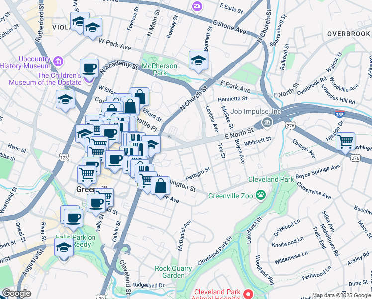 map of restaurants, bars, coffee shops, grocery stores, and more near 121 Manly Street in Greenville