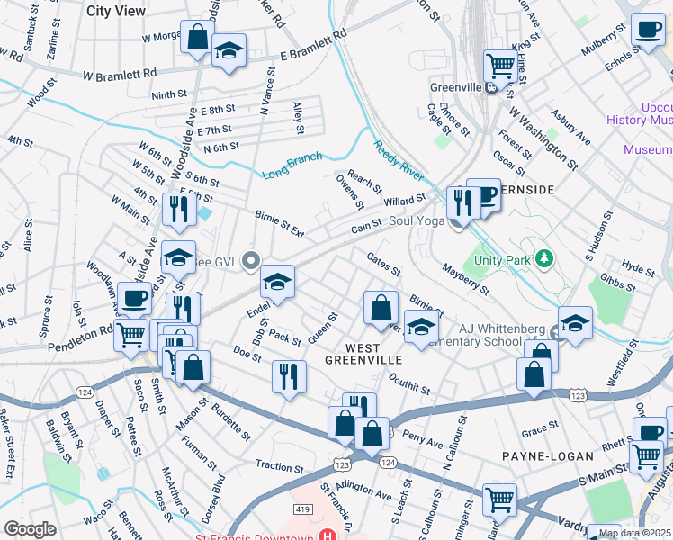 map of restaurants, bars, coffee shops, grocery stores, and more near 8 Queen Alley in Greenville