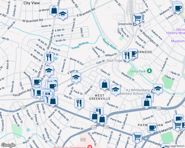 map of restaurants, bars, coffee shops, grocery stores, and more near 8 Queen Alley in Greenville
