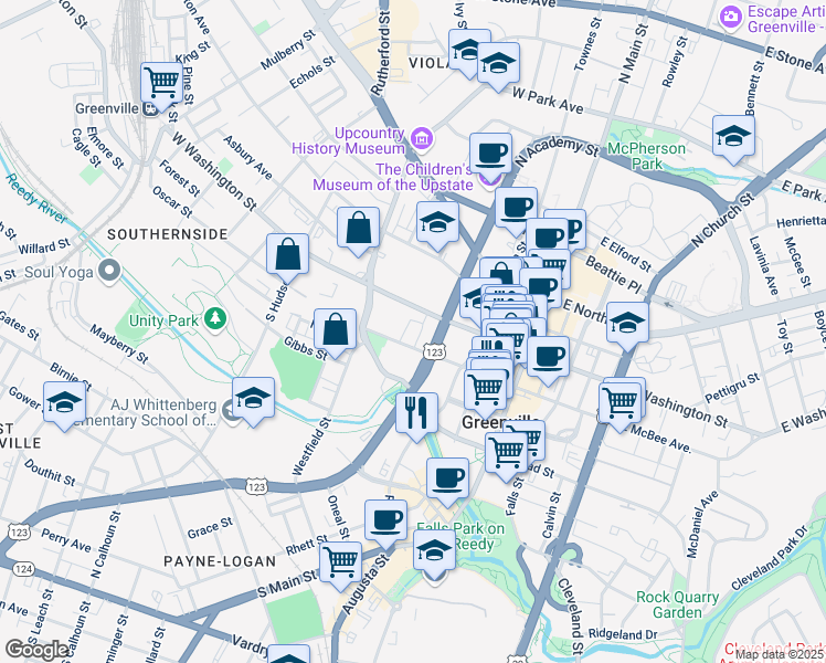 map of restaurants, bars, coffee shops, grocery stores, and more near 325 West McBee Avenue in Greenville