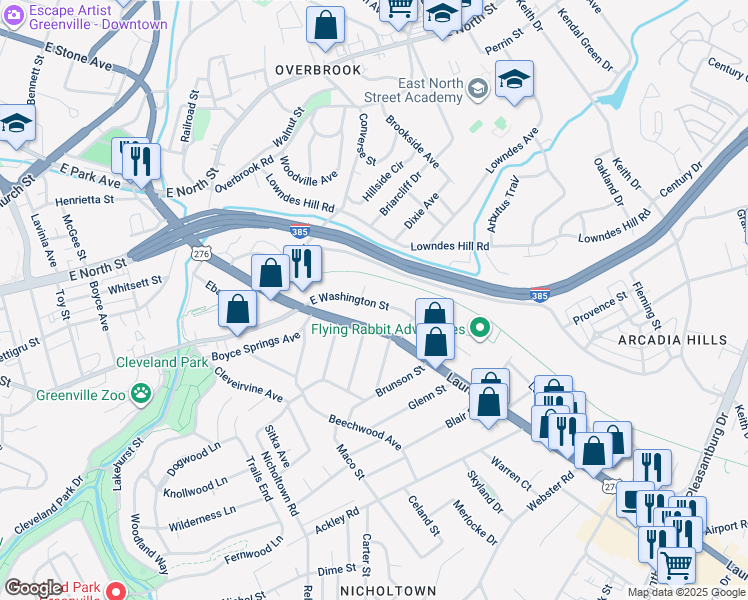 map of restaurants, bars, coffee shops, grocery stores, and more near 605 Laurens Road in Greenville