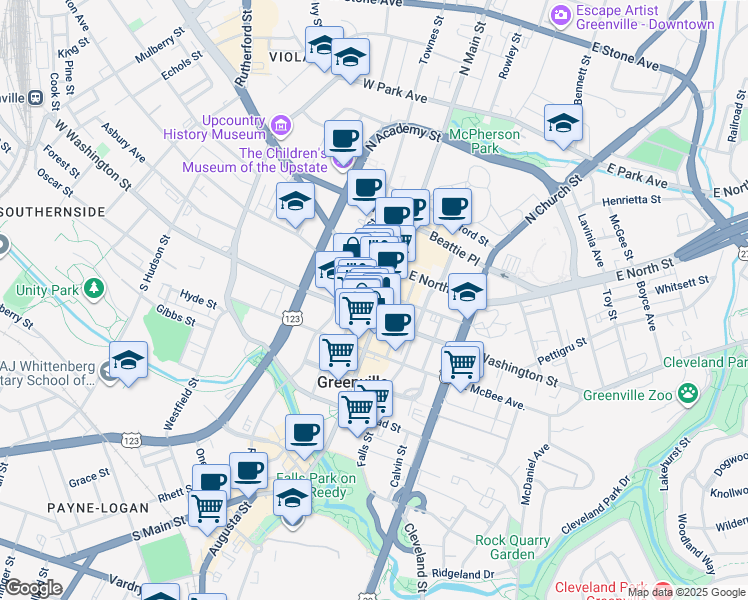 map of restaurants, bars, coffee shops, grocery stores, and more near 24 West Washington Street in Greenville