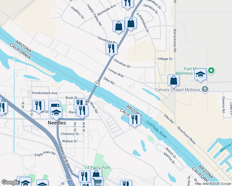 map of restaurants, bars, coffee shops, grocery stores, and more near 1308 Dike Road in Mohave Valley
