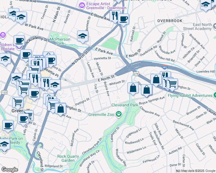 map of restaurants, bars, coffee shops, grocery stores, and more near 415 Pettigru Street in Greenville
