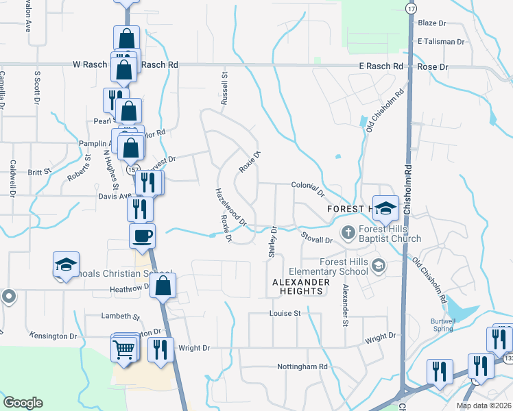 map of restaurants, bars, coffee shops, grocery stores, and more near 201-223 Roxie Dr in Florence