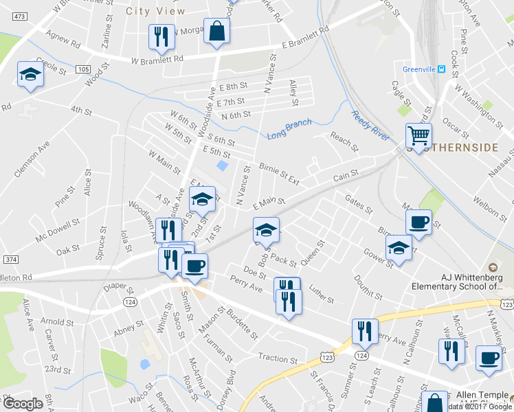 map of restaurants, bars, coffee shops, grocery stores, and more near East Main Street in Greenville