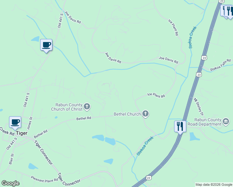 map of restaurants, bars, coffee shops, grocery stores, and more near 54 Serenity Way in Tiger