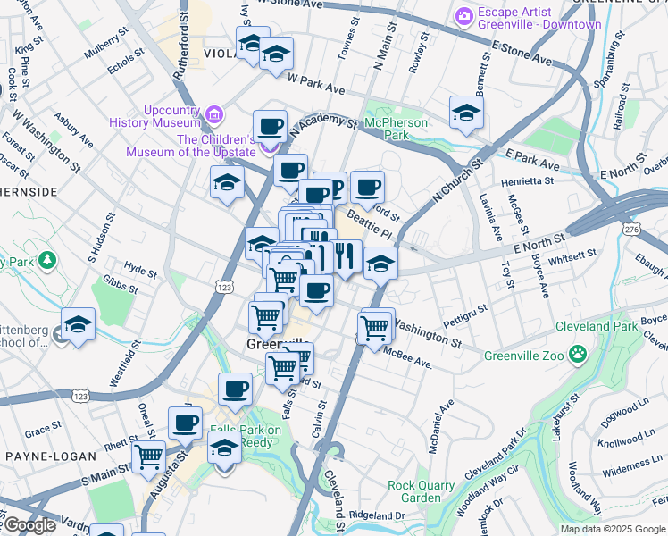 map of restaurants, bars, coffee shops, grocery stores, and more near 101 East Washington Street in Greenville