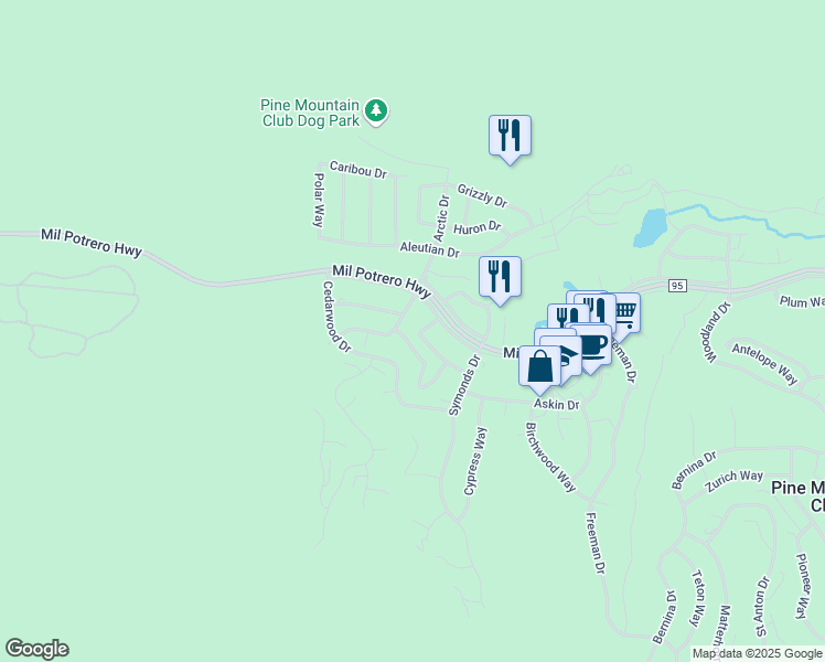 map of restaurants, bars, coffee shops, grocery stores, and more near 16616 Oakwood Way in Pine Mountain Club