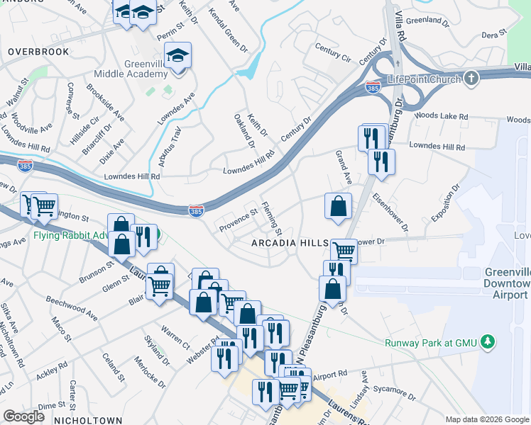 map of restaurants, bars, coffee shops, grocery stores, and more near 115 Cain River Alley in Greenville
