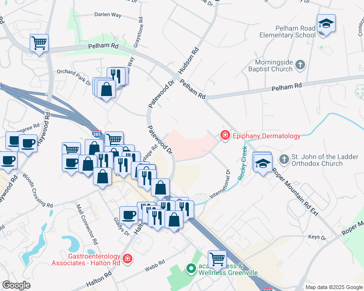 map of restaurants, bars, coffee shops, grocery stores, and more near 125 Commonwealth Drive in Greenville