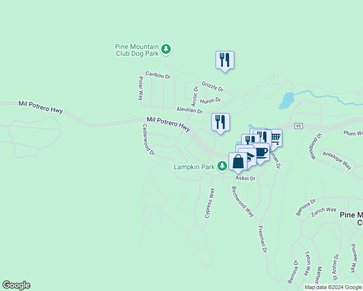 map of restaurants, bars, coffee shops, grocery stores, and more near 16616 Oakwood Way in Pine Mountain Club