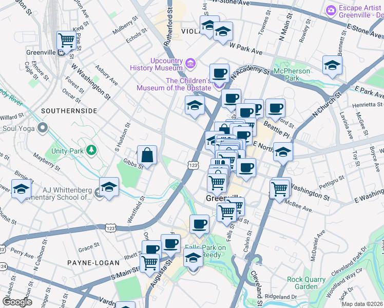 map of restaurants, bars, coffee shops, grocery stores, and more near 17 South Academy Street in Greenville