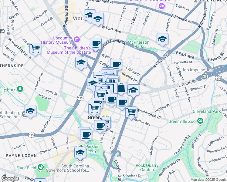 map of restaurants, bars, coffee shops, grocery stores, and more near 101 East Washington Street in Greenville