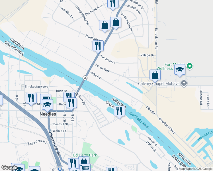 map of restaurants, bars, coffee shops, grocery stores, and more near 1308 Dike Road in Mohave Valley