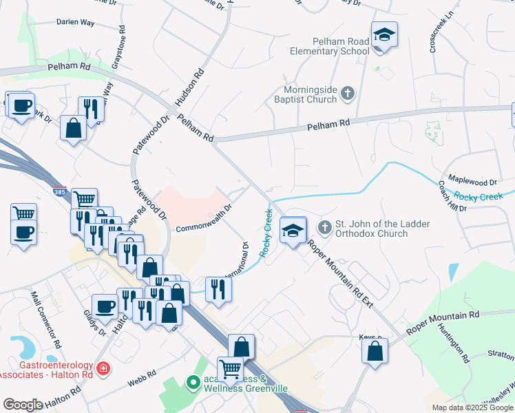 map of restaurants, bars, coffee shops, grocery stores, and more near 30 Creekview Court in Greenville