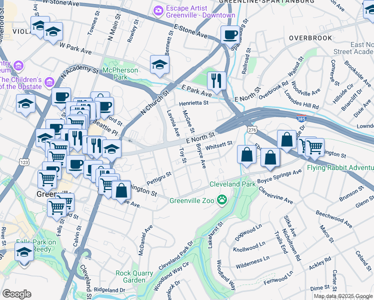 map of restaurants, bars, coffee shops, grocery stores, and more near 2 Whitsett Street in Greenville