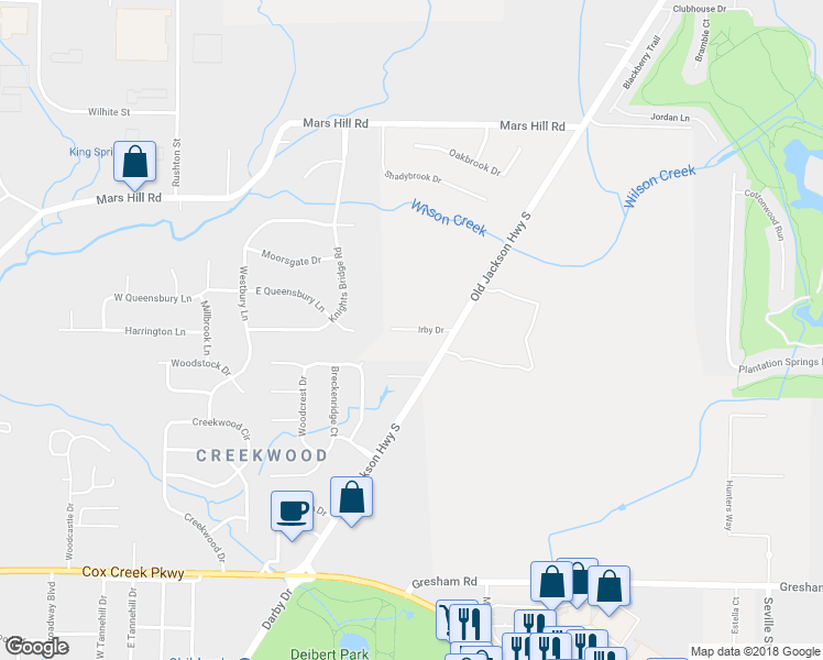 map of restaurants, bars, coffee shops, grocery stores, and more near Irby Drive in Florence