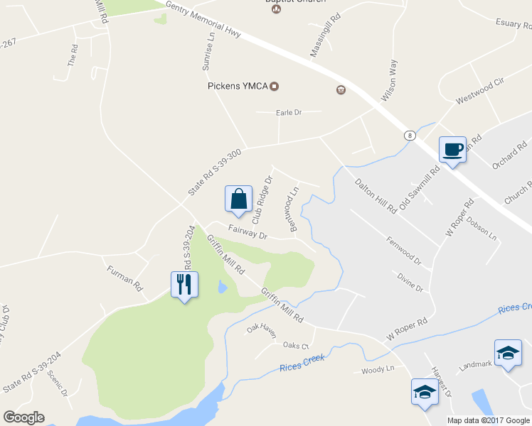 map of restaurants, bars, coffee shops, grocery stores, and more near 106 Club Ridge Drive in Pickens