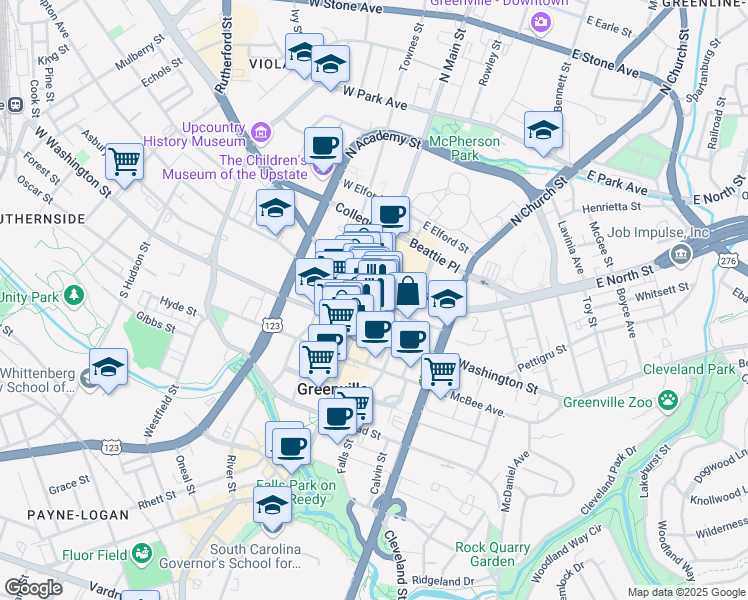 map of restaurants, bars, coffee shops, grocery stores, and more near 101 East Washington Street in Greenville