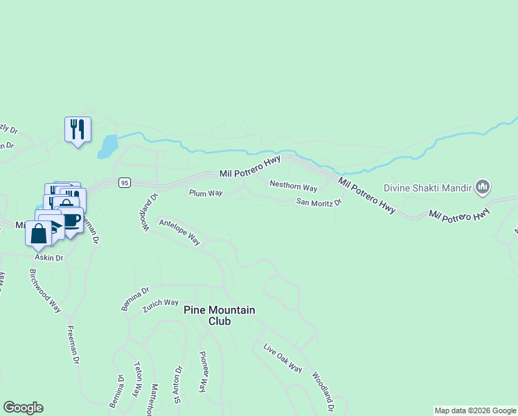 map of restaurants, bars, coffee shops, grocery stores, and more near 15532 San Moritz Drive in Frazier Park
