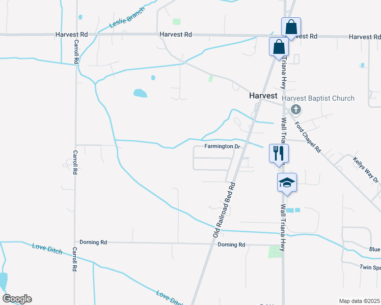 map of restaurants, bars, coffee shops, grocery stores, and more near 168 Farmington Drive in Harvest