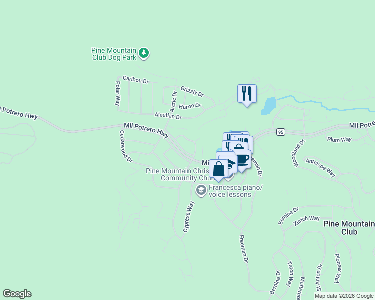 map of restaurants, bars, coffee shops, grocery stores, and more near 16505 Mil Potrero Highway in Pine Mountain Club