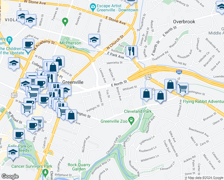 map of restaurants, bars, coffee shops, grocery stores, and more near 2 Whitsett Street in Greenville