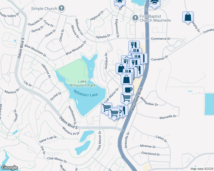 map of restaurants, bars, coffee shops, grocery stores, and more near Lake Willastein Drive in Maumelle