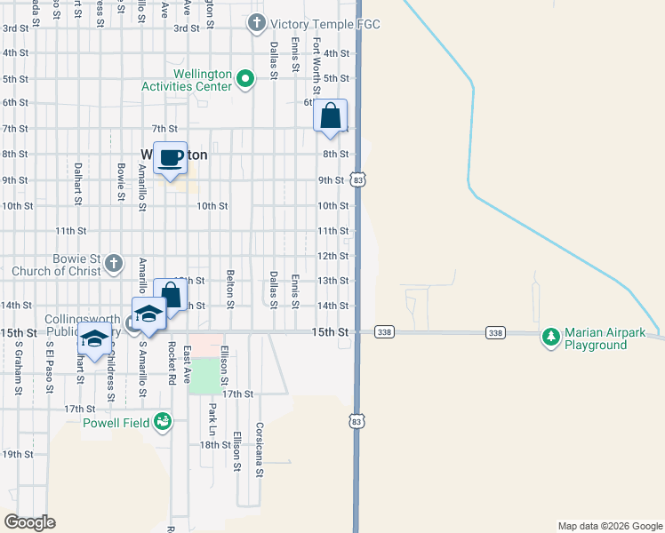 map of restaurants, bars, coffee shops, grocery stores, and more near 1101-1199 Galveston Street in Wellington