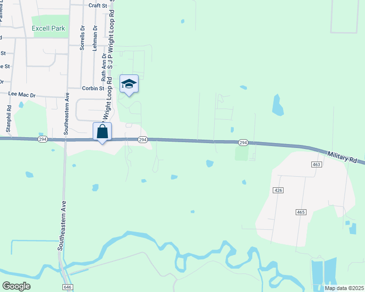 map of restaurants, bars, coffee shops, grocery stores, and more near 2525 Military Road in Jacksonville