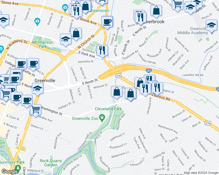 map of restaurants, bars, coffee shops, grocery stores, and more near 616 Pettigru Street in Greenville