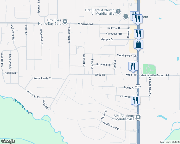 map of restaurants, bars, coffee shops, grocery stores, and more near 130 Fargo Drive in Meridianville