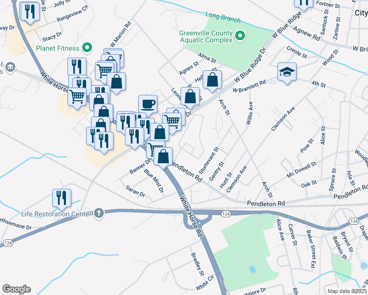 map of restaurants, bars, coffee shops, grocery stores, and more near 5001 Assembly View Circle in Greenville