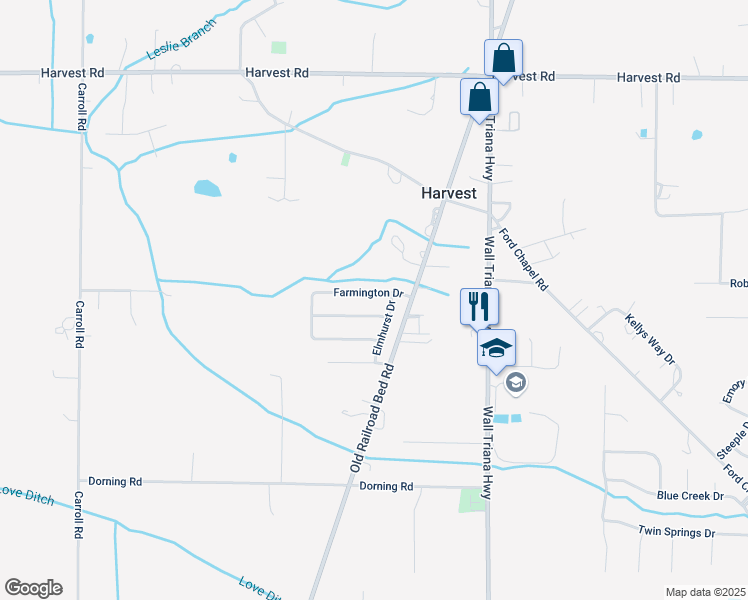 map of restaurants, bars, coffee shops, grocery stores, and more near 219 Farmington Drive in Harvest