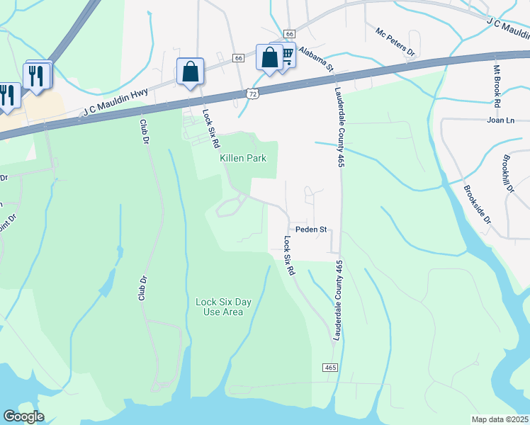 map of restaurants, bars, coffee shops, grocery stores, and more near 622 Lock Six Road in Killen