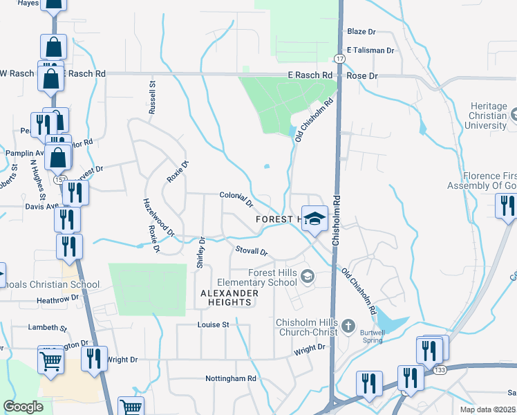 map of restaurants, bars, coffee shops, grocery stores, and more near 234 Colonial Court in Florence