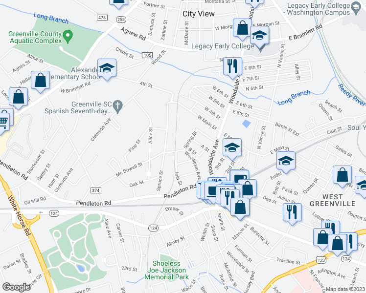 map of restaurants, bars, coffee shops, grocery stores, and more near 516 Spring Street in Greenville