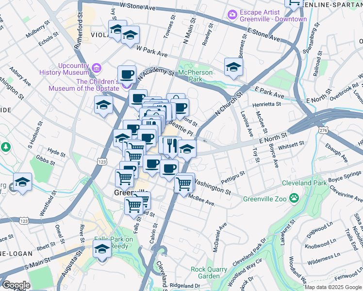 map of restaurants, bars, coffee shops, grocery stores, and more near 305 East North Street in Greenville