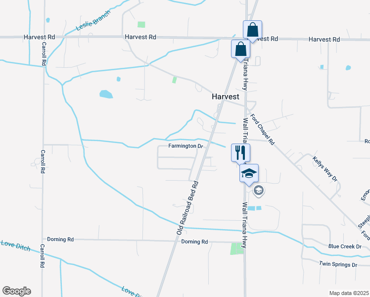 map of restaurants, bars, coffee shops, grocery stores, and more near 218 Farmington Drive in Harvest
