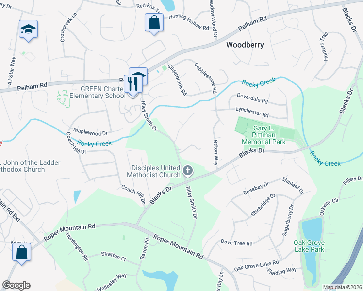 map of restaurants, bars, coffee shops, grocery stores, and more near 102 Quail Creek Lane in Greenville