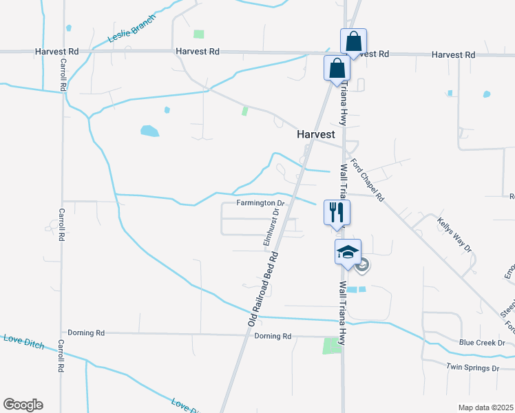 map of restaurants, bars, coffee shops, grocery stores, and more near 218 Farmington Drive in Harvest