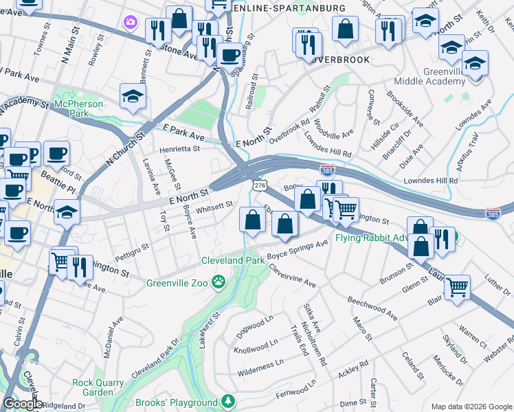 map of restaurants, bars, coffee shops, grocery stores, and more near 124 Ebaugh Avenue in Greenville