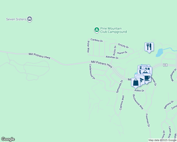 map of restaurants, bars, coffee shops, grocery stores, and more near 2529 Cedarwood Drive in Pine Mountain Club