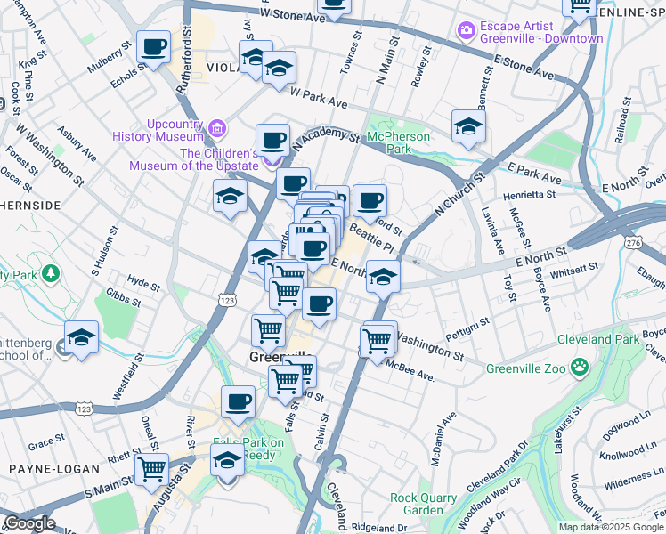 map of restaurants, bars, coffee shops, grocery stores, and more near 200 North Main Street in Greenville