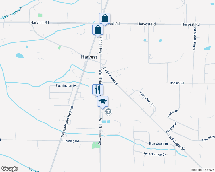 map of restaurants, bars, coffee shops, grocery stores, and more near 8941 Wall Triana Highway in Harvest