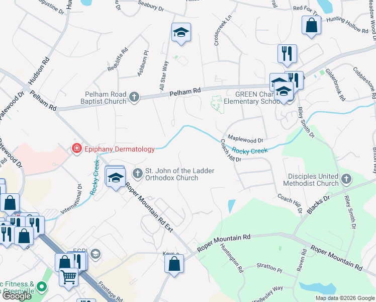 map of restaurants, bars, coffee shops, grocery stores, and more near 178 Hawkins Road in Greenville