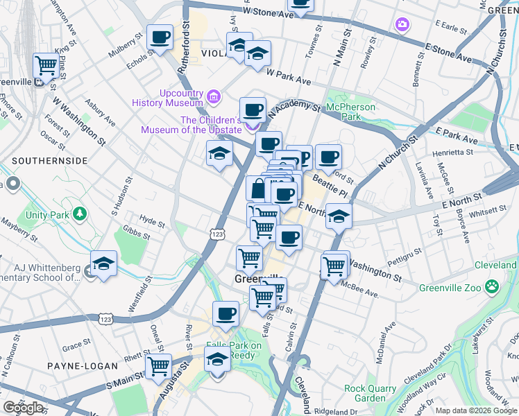 map of restaurants, bars, coffee shops, grocery stores, and more near 66 Richardson Street in Greenville